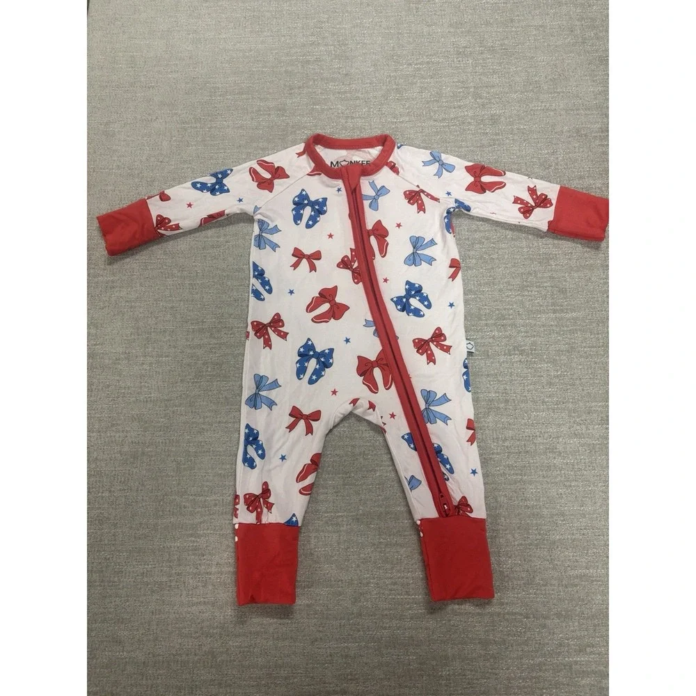 Monkeeroos Red White Blue Bows Bamboo Pajama Zippy Size Newborn NWOT